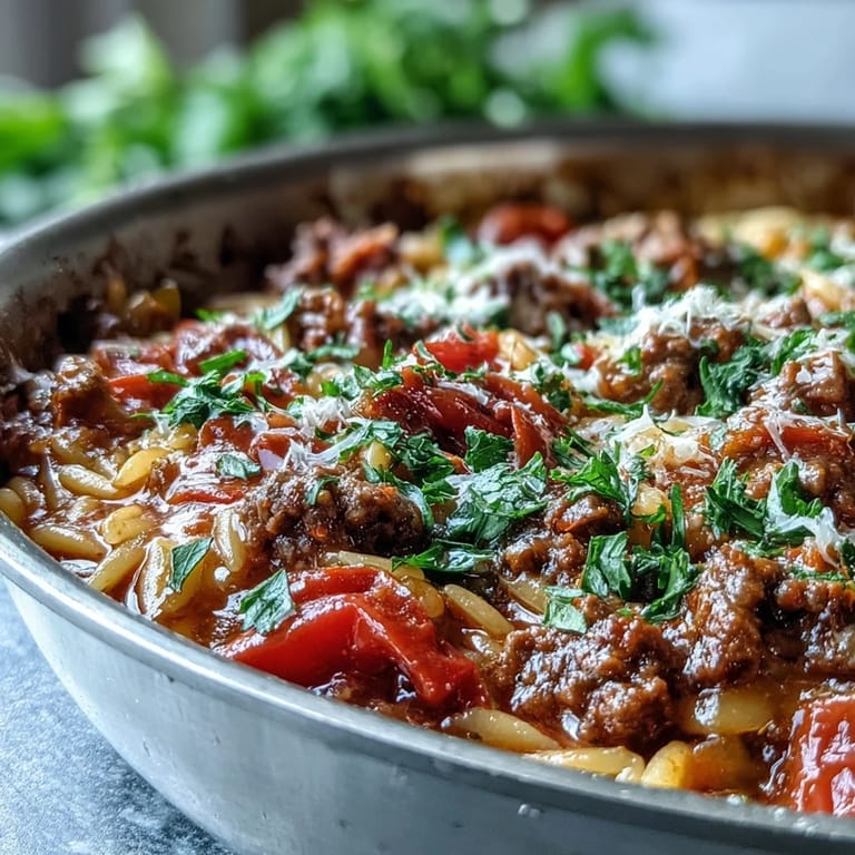 Plat familial de Comforting Ground Beef Orzo Dinner dans une poêle, orzo tendre, petits pois et tomates juteuses.
