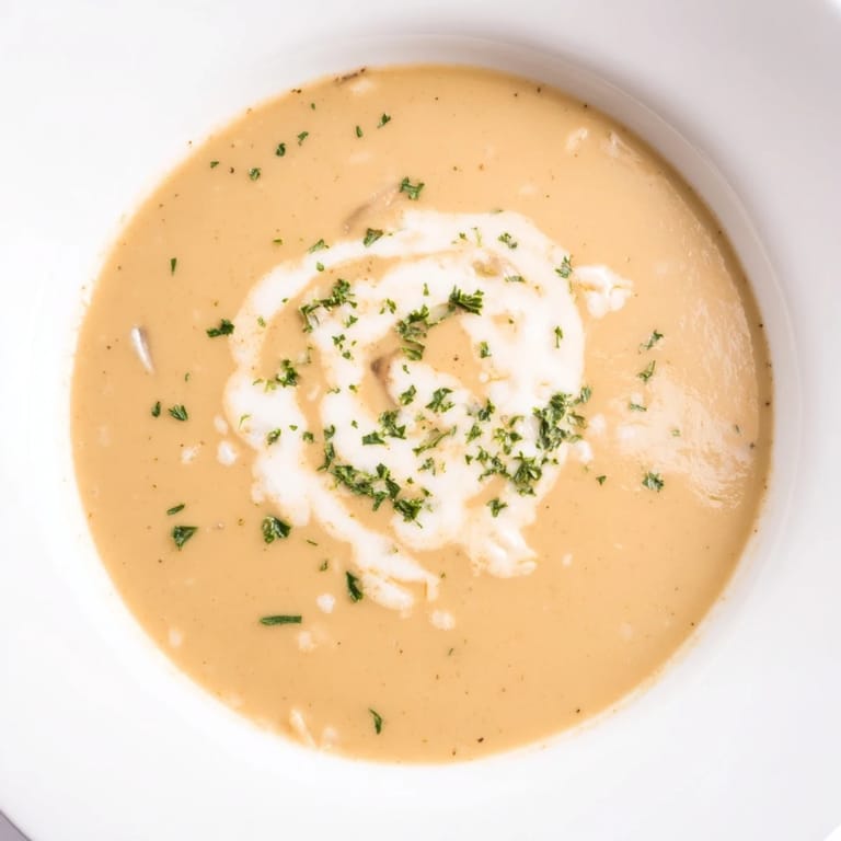 Close-up of the smooth Chestnut and Rice Velouté Soup, with visible flecks of herbs and cream.