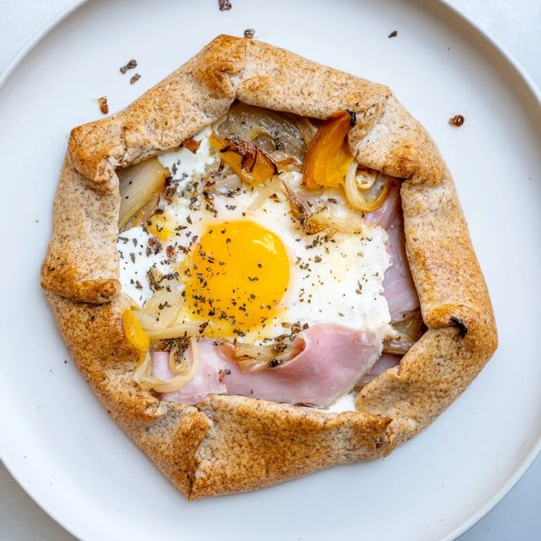 Close-up of a rustic Savory Galette Bretonne, showing layers of buckwheat, cheese, and sweet shallots.