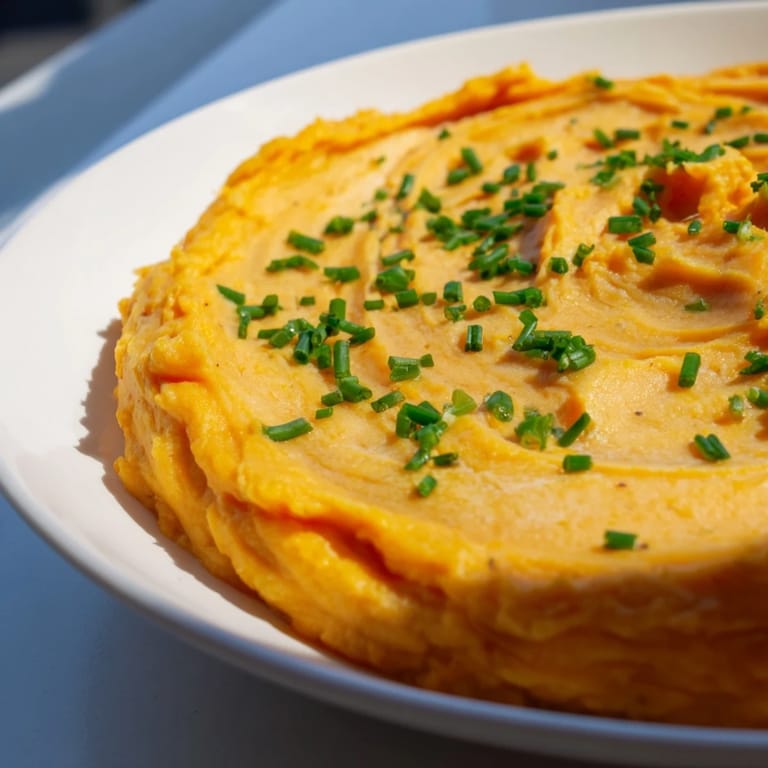 Fluffy Sweet Potato & Celeriac Mash, ready to serve, is a flavorful, gluten-free vegetarian side.