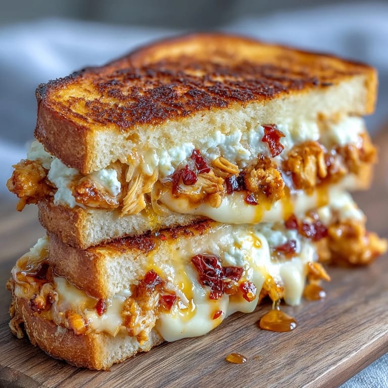 Melty Goat Cheese & Hot Honey Chicken Grilled Cheese on buttery sourdough with chili flakes, sliced in half to show juicy chicken.