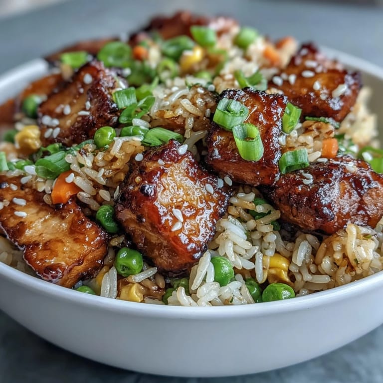 Fork lifting a bite of vegetarian Crispy Sesame Tofu Fried Rice next to a bowl of cucumbers.