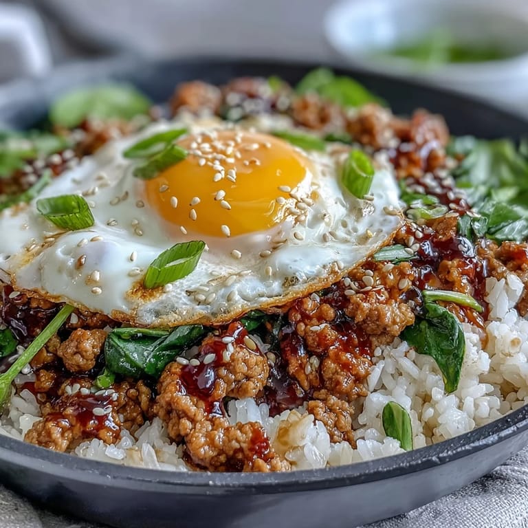 Creamy Korean Turkey Rice Skillet topped with sesame seeds and kimchi for a spicy kick