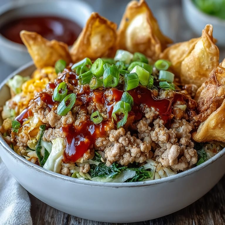 Ranch Turkey & Veggie Egg Roll Bowls garnis de quartiers d’œuf et croûtons croustillants, prêts à déguster