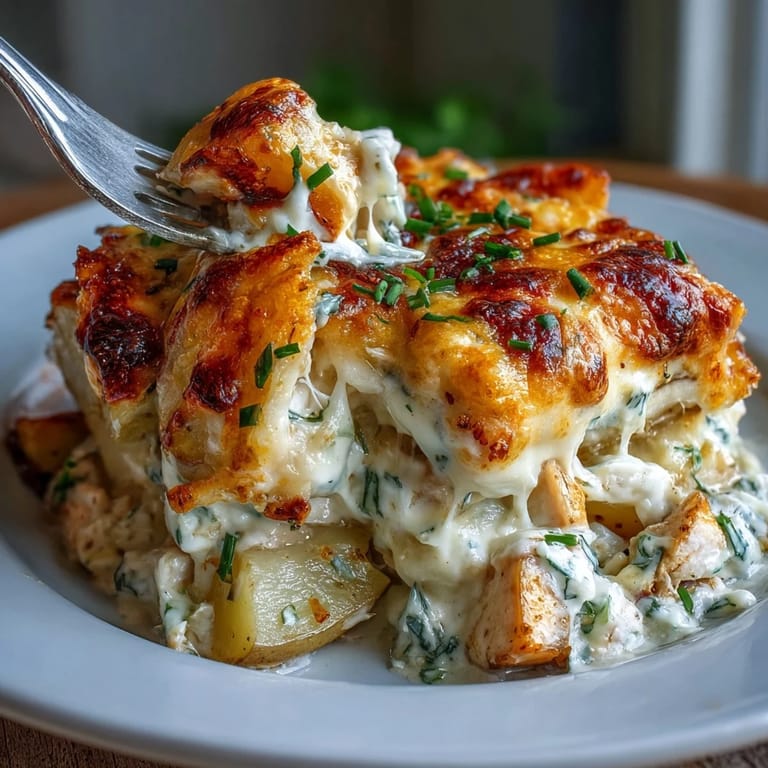 Assiette de Creamy Ranch Chicken Potato Bake garnie de cheddar fondant et de pommes de terre en couches