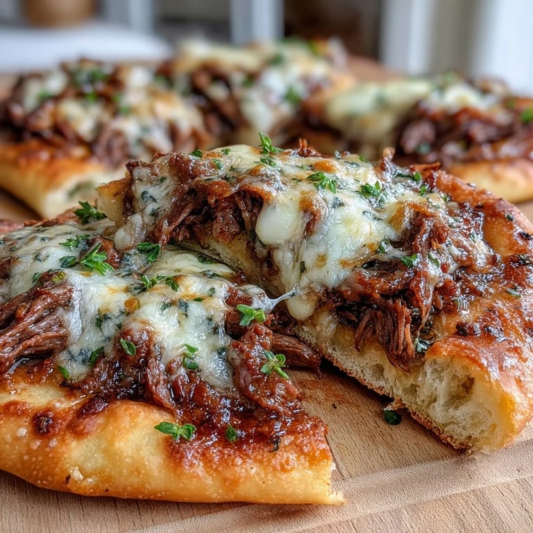 Golden-brown garlic naan encasing slow cooker beef and garlic naan melt, dripping with provolone and mozzarella beside a ramekin of jus.