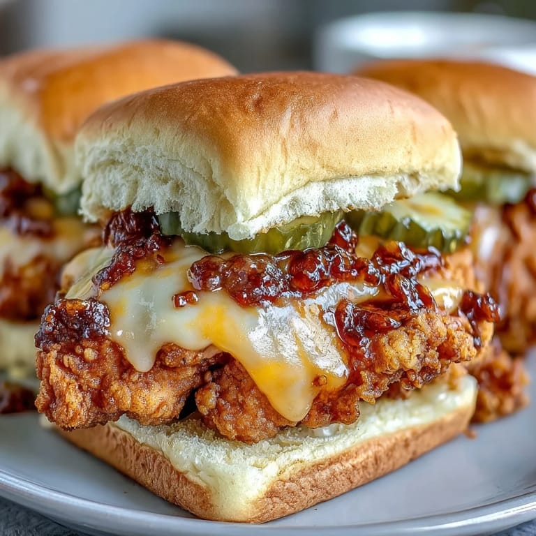 Spicy Honey Butter Chicken Sandwich Bake à partager, tenders dorés au four, litchis de fromage et sauce au miel épicé, sur des mini-buns moelleux.