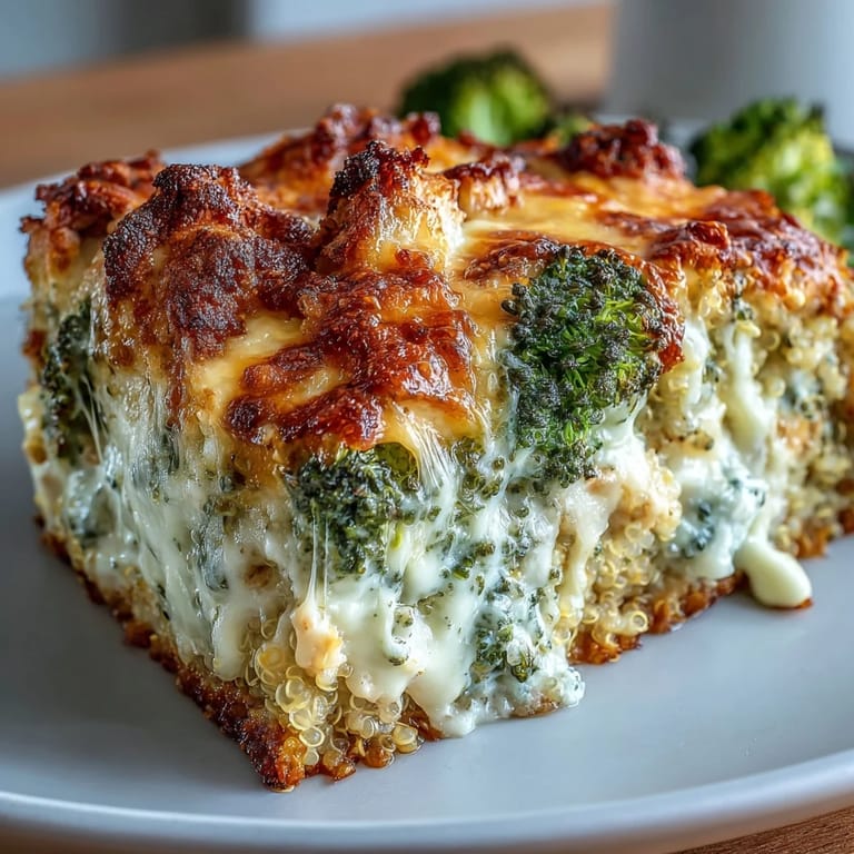 Steam rises from a slice of Broccoli Quinoa Casserole, revealing fluffy quinoa and vibrant green broccoli. Served hot for an easy weeknight meal.