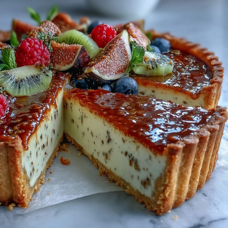 Tarte au cardamome décorée de fruits saisonniers et finition lustrée au abricot.