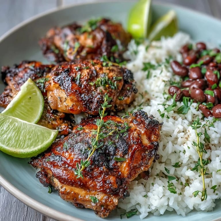 Close-up of Jerk Chicken Rice & Peas with glistening chicken skin next to steaming aromatic Caribbean-style rice and peas