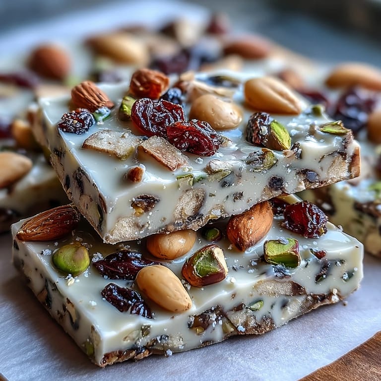 Easy homemade pistachio white chocolate bark on a platter, perfect for gifting alongside coffee or tea.