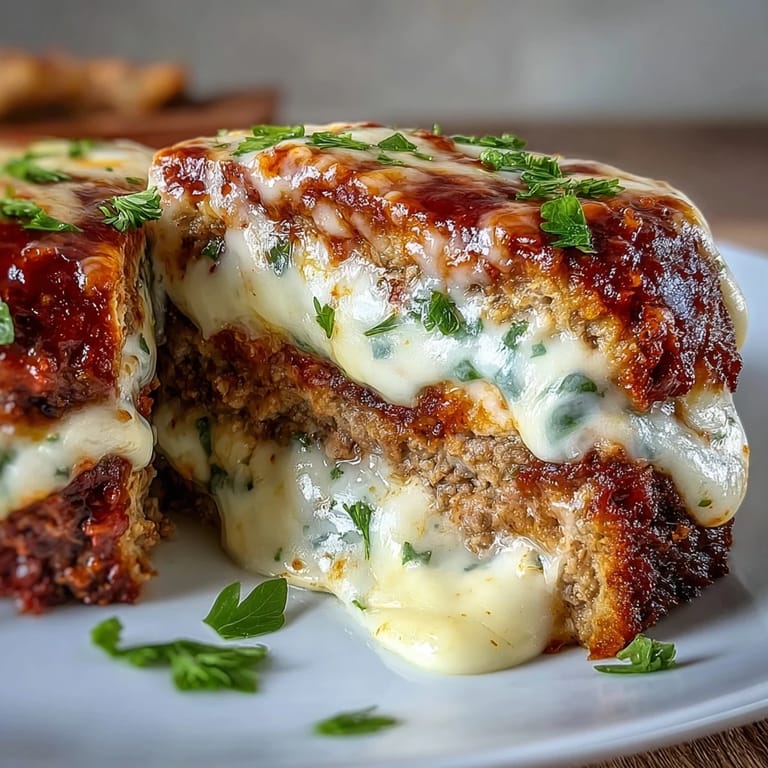 Hearty Italian Meatloaf with Mozzarella topped with golden, bubbly mozzarella, garnished with fresh parsley on a rustic ceramic platter.