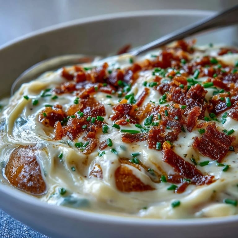 Creamy Baked Potato Soup served in a white bowl with a crusty baguette and cheddar garnish.