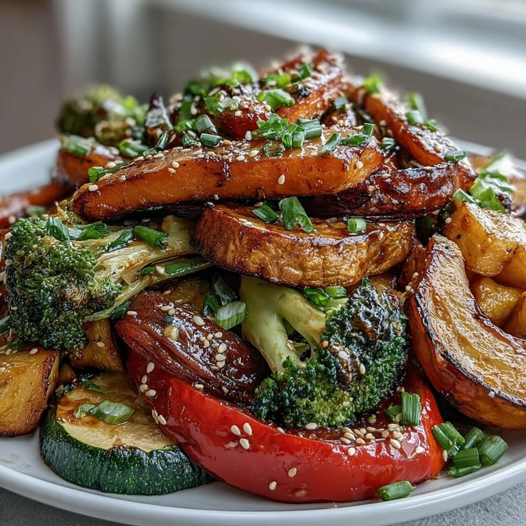 Des Miso-Butter Roasted Vegetables dorées, garnies de graines de sésame et de ciboulette fraîche pour une touche finale.