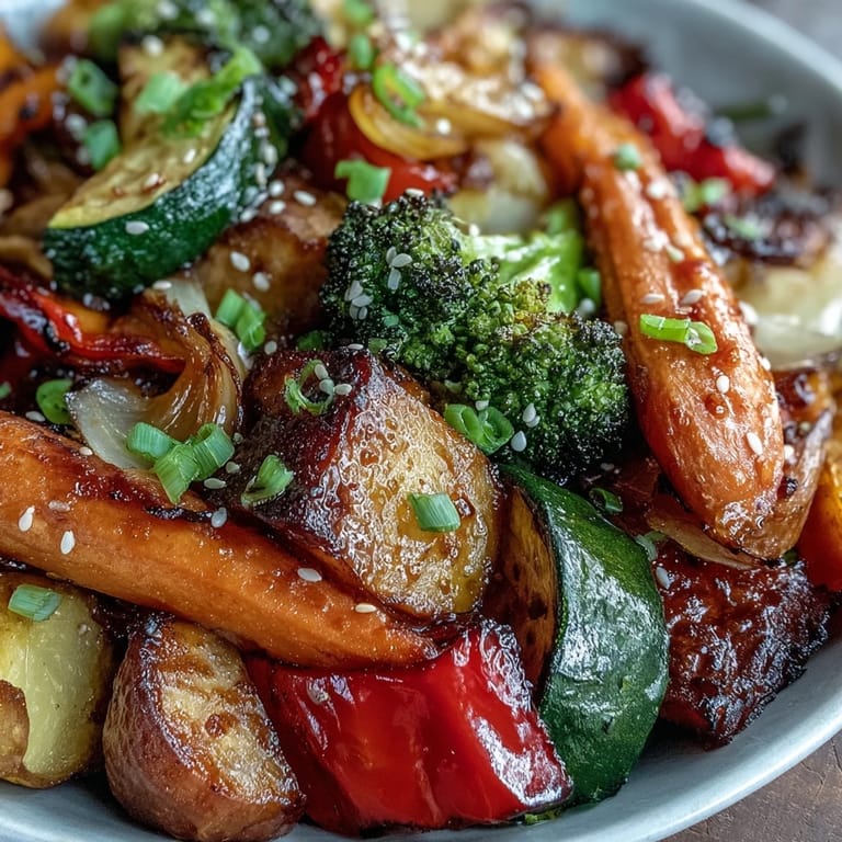 Assiette de Miso-Butter Roasted Vegetables fumante, parfaite accompagnement pour riz blanc ou tofu soyeux.