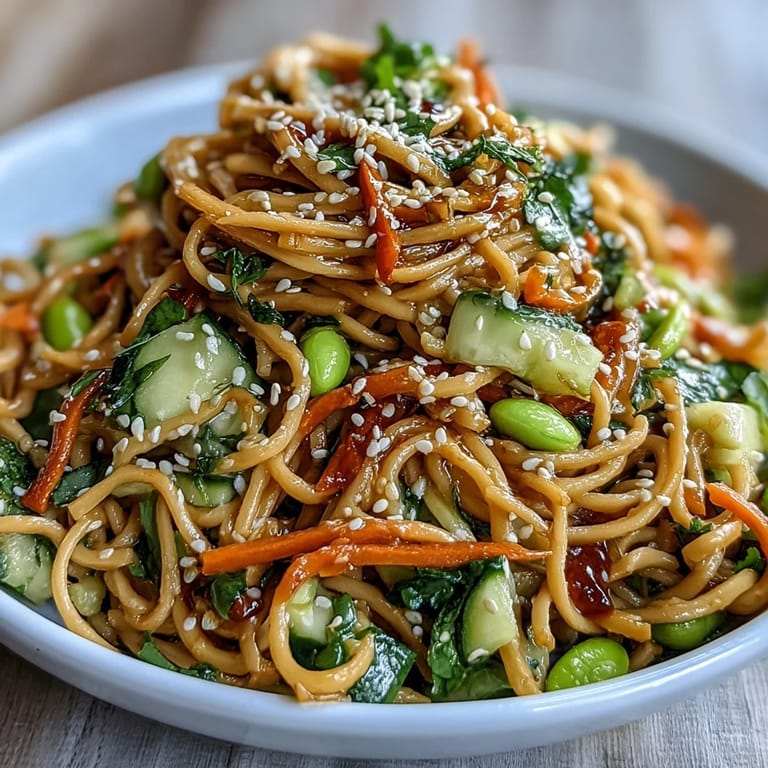 Nouilles froides au sésame et gingembre, garnies d'oignons verts et de graines de sésame toastées, servies fraîches.