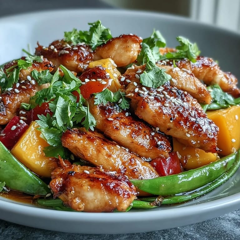 Sizzling wok-ready Mango Turmeric Chicken Stir-Fry mixing tender chicken, mango cubes, snap peas, and bell peppers.