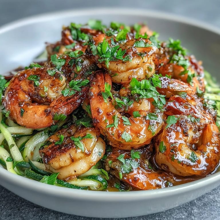 Succulentes crevettes à l'ail et au beurre sur nouilles de courgette, un repas léger et sans gluten pour dîner.
