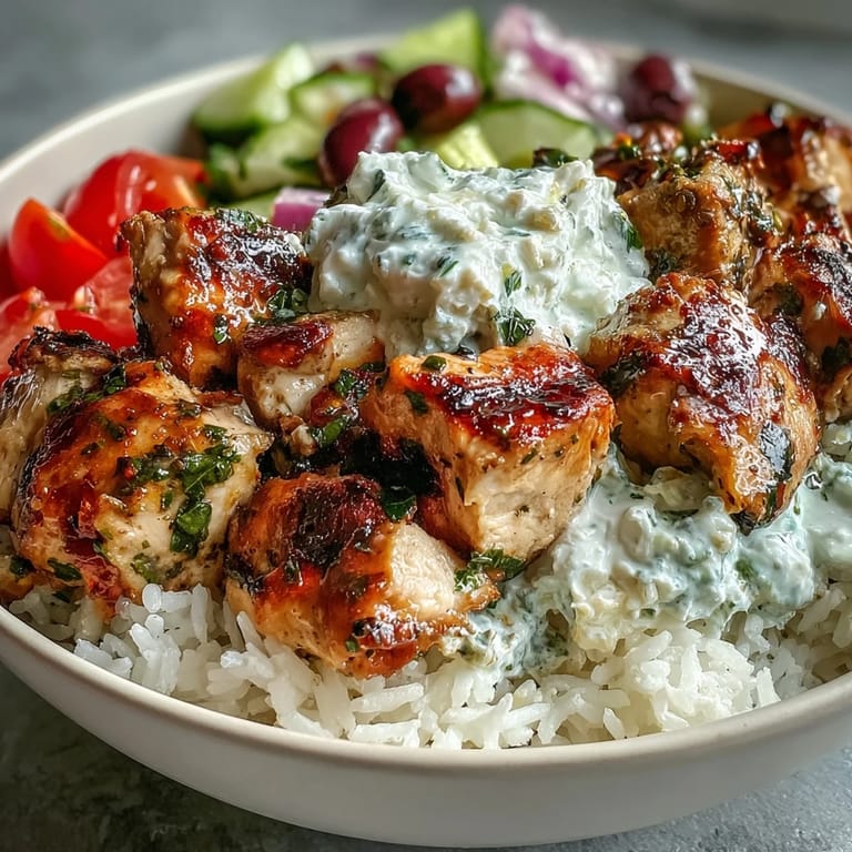 Assiette colorée de poulet grillé mariné, tzatziki maison, tomates, concombre et feta sur du riz parfumé.