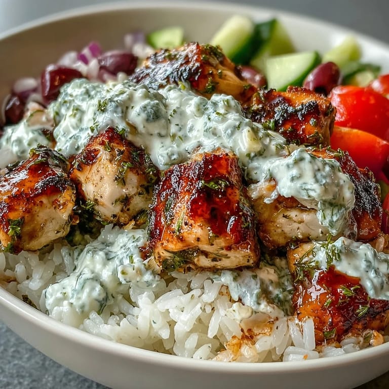 Poulet souvlaki mariné aux herbes, assemblé en bol sain avec riz, légumes croquants et sauce tzatziki rafraîchissante.