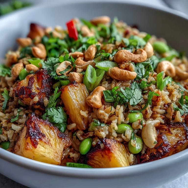 Assiette généreuse de Vegan Pineapple Fried Rice with Cauliflower and Edamame, servie avec des quartiers de citron vert.