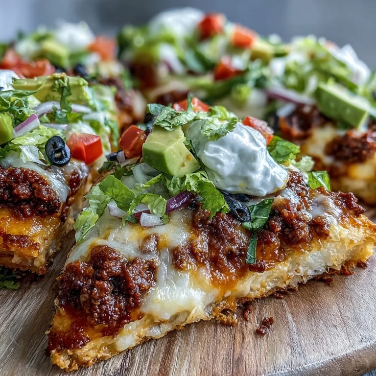 Une pizza Keto Taco au four avec une croûte dorée, parsemée de tomates rouges, d’oignons rouges et d’olives noires croustillantes