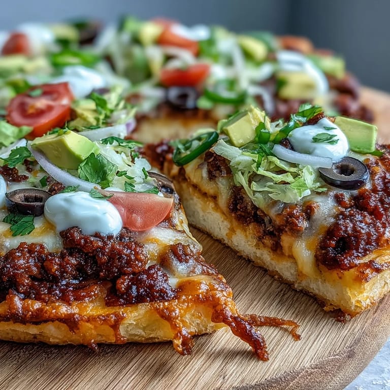 Keto Taco Pizza tranchée en parts, crème aigüe et coriandre fraîche sur un plat de fête présenté en cuisine