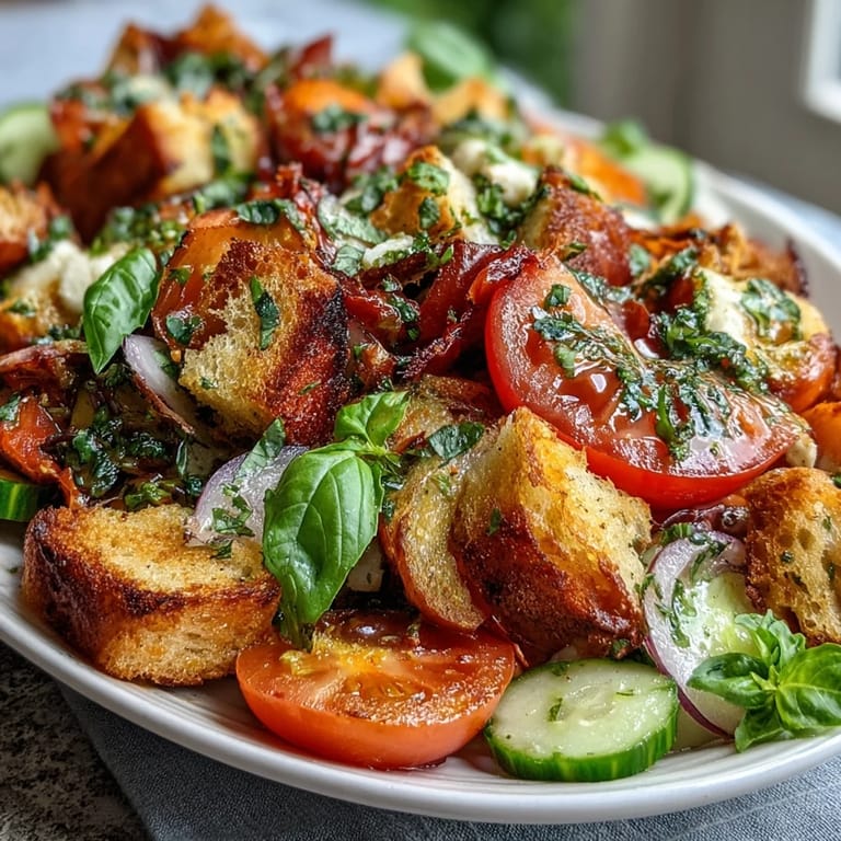 Panzanella au levain croustillant, tomates colorées et fromage au lait cru crémeux sur un plat d'été.