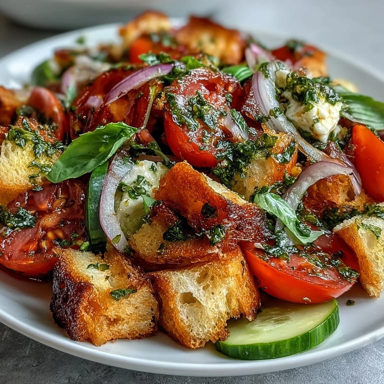 Recette facile de Panzanella au levain avec croûtons dorés, oignon rouge et vinaigrette à l'huile d'olive.