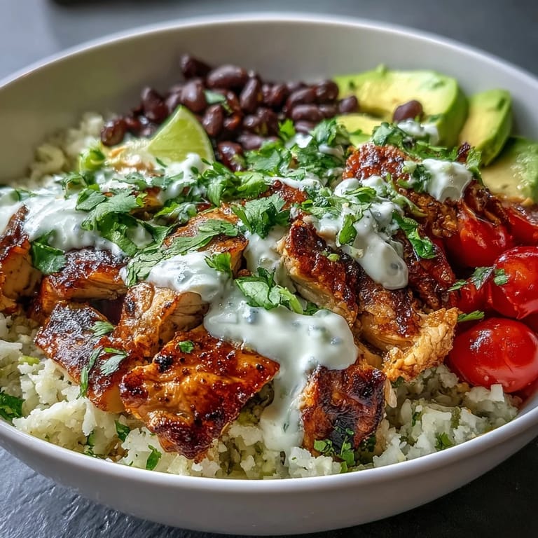 Riz de chou-fleur à la coriandre et citron vert pour un bol de burrito léger et savoureux garni de tomates cerises.