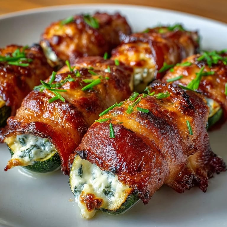 Tender Keto Bacon-Wrapped Zucchini Boats with Cheesy Herb Filling baked golden, bacon crisped, served with salad.