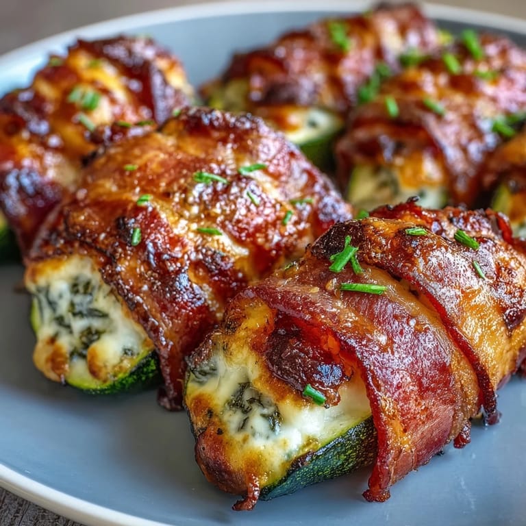 Golden Keto Bacon-Wrapped Zucchini Boats with Cheesy Herb Filling on a tray, ready for a low-carb dinner.