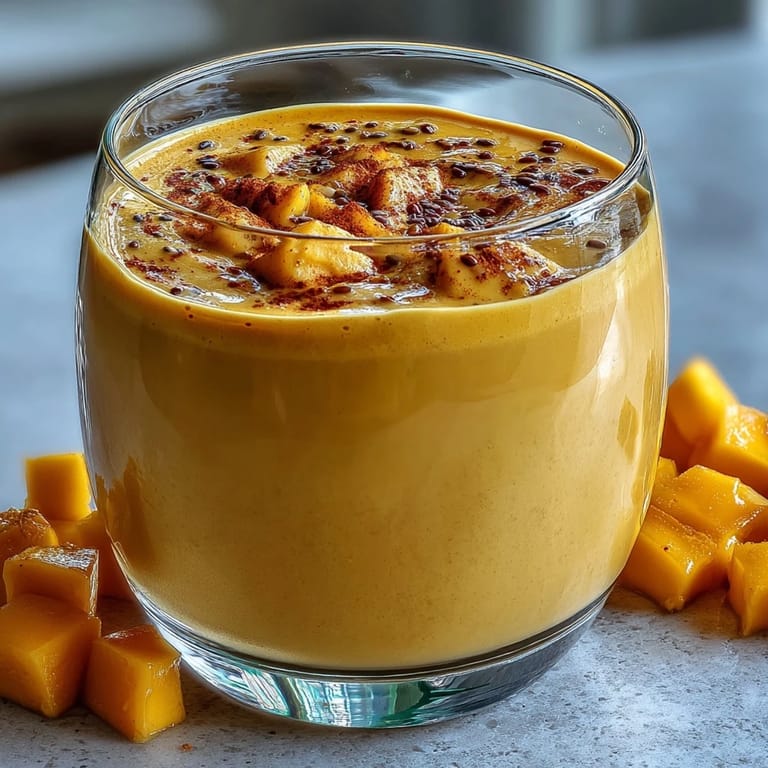 Un Vegan Mango Turmeric Golden Milk Smoothie frais et vibrant, avec du lait d'amande et une touche de gingembre épicé.