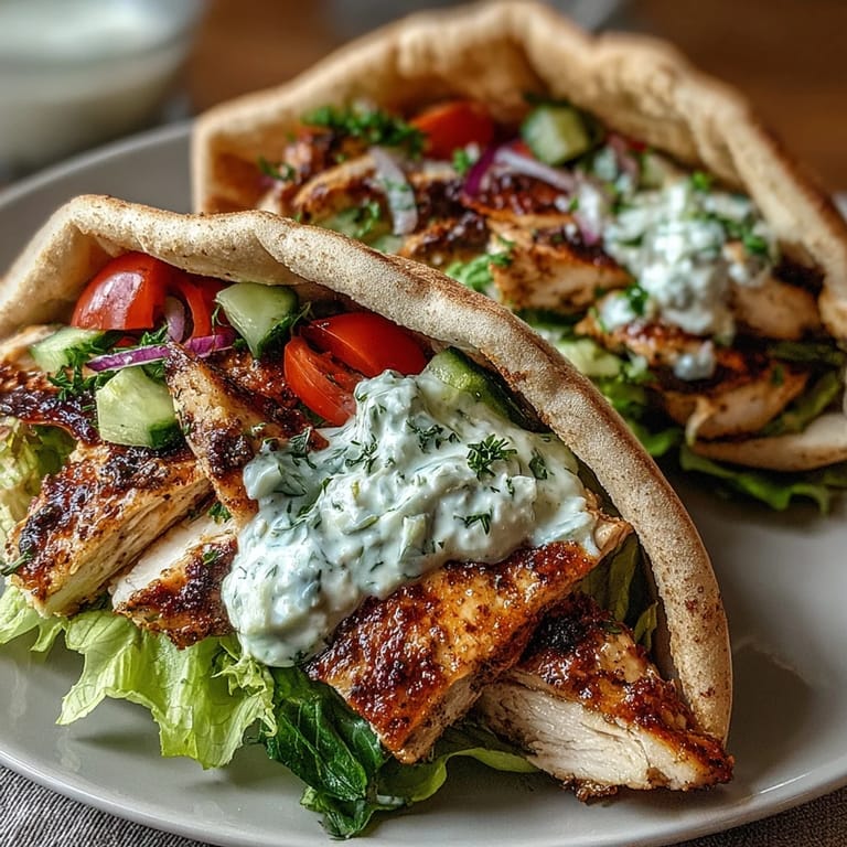 Une assiette grecque appétissante avec Light Greek Chicken Pita Pockets, salade de concombre et tomates et poulet tendre.