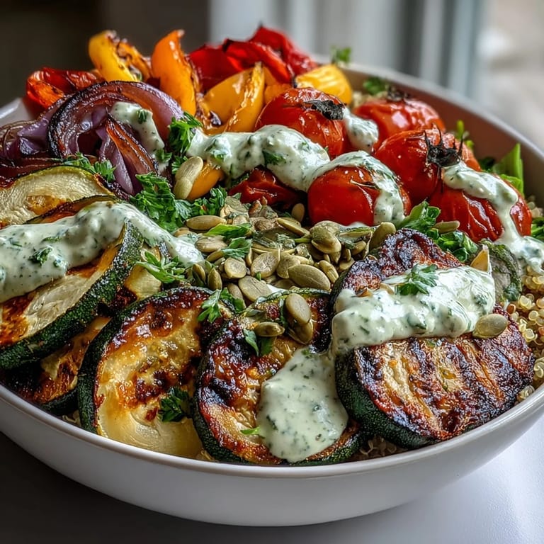 Hearty Grilled Veggie and Quinoa Power Bowls with Tahini Drizzle served warm with parsley garnish for a wholesome lunch.