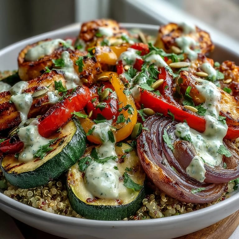 Colorful Grilled Veggie and Quinoa Power Bowls with Tahini Drizzle featuring charred zucchini and bell peppers for a Mediterranean meal.