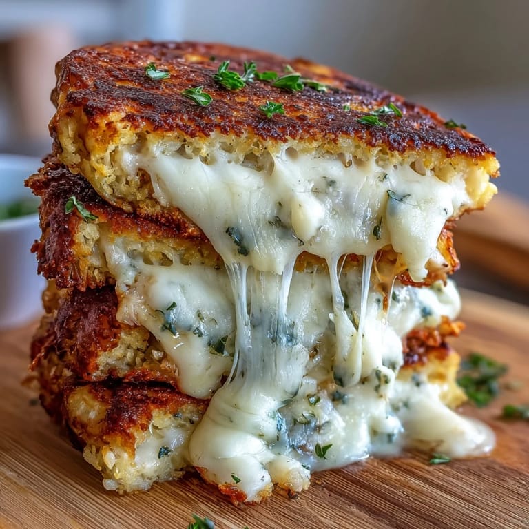 Sliced in half to reveal the gooey melted cheese center of Keto Cheesy Cauliflower Bread Grilled Cheese on a rustic plate.