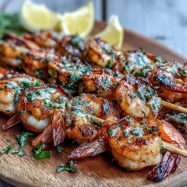 Des crevettes juteuses en brochettes Light Lemon Herb Grilled Shrimp Skewers, marinées au citron et aux herbes, prêtes à être dégustées avec une salade légère.
