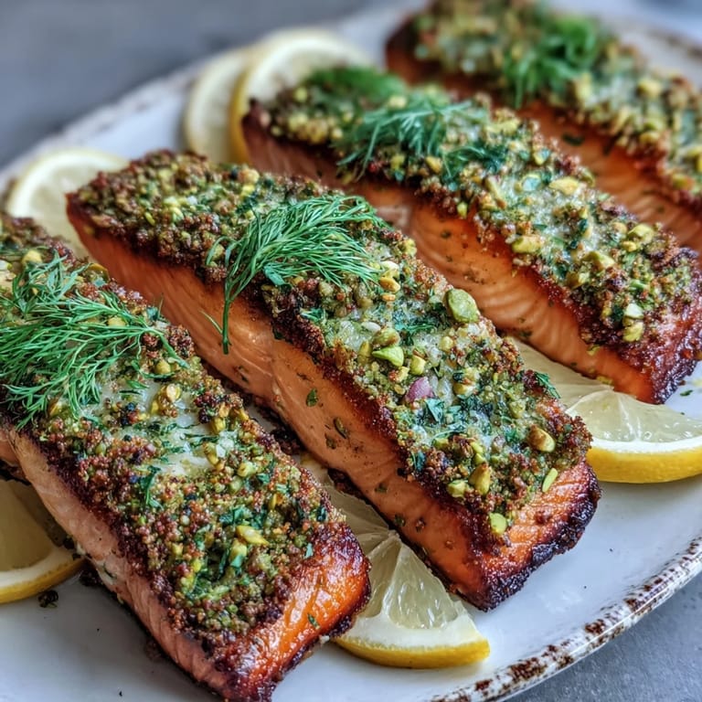 Lumière sur un saumon Pan-Seared avec une croûte de pistaches et d'herbes, prêt à être dégusté avec un zeste de citron.