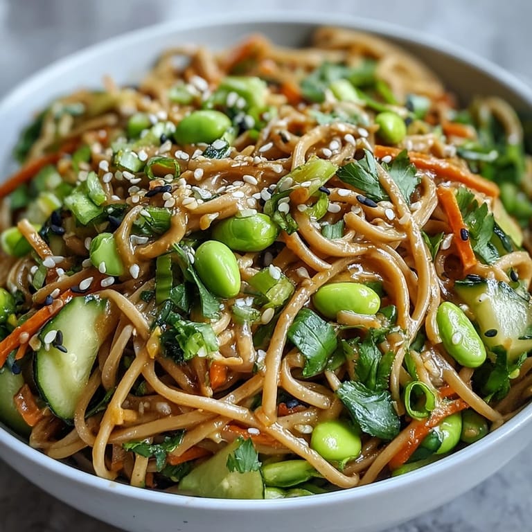 Nouilles froides au sésame et gingembre, garnies d'oignons verts et de graines de sésame toastées, servies fraîches.