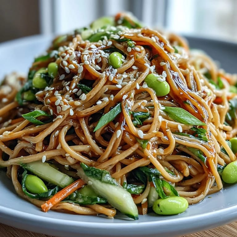 Délicieux bol végétarien de nouilles au sésame et gingembre avec edamame et sauce crémeuse, idéal pour le dîner.