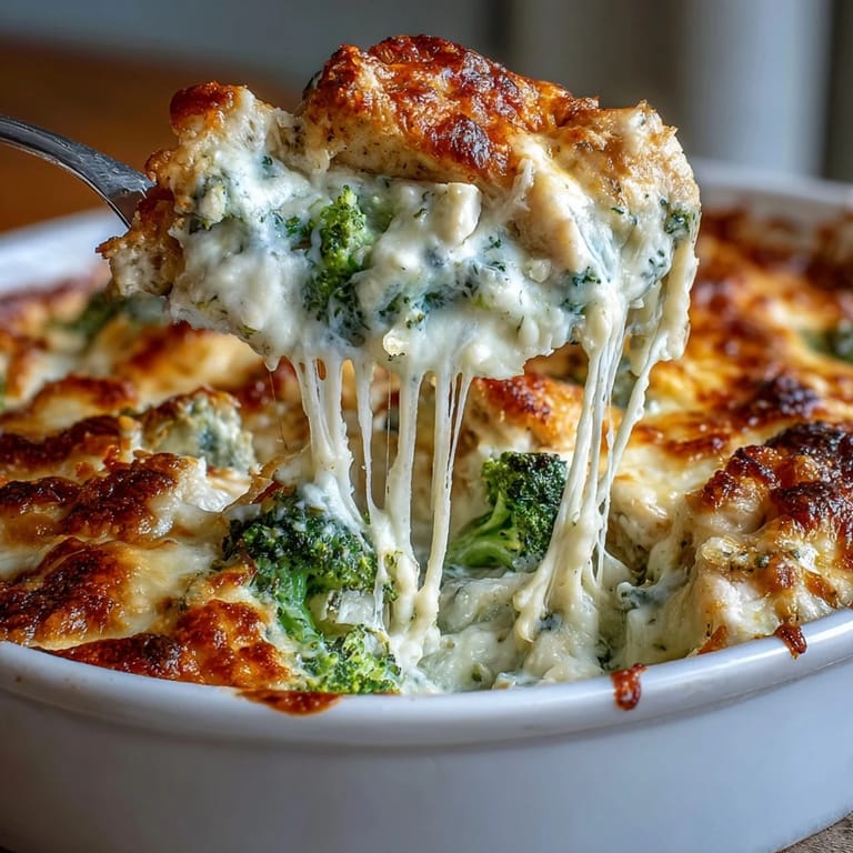 Un plat réconfortant faible en glucides : poulet tendre et brocoli nappés d'une sauce crémeuse au fromage, doré au four.