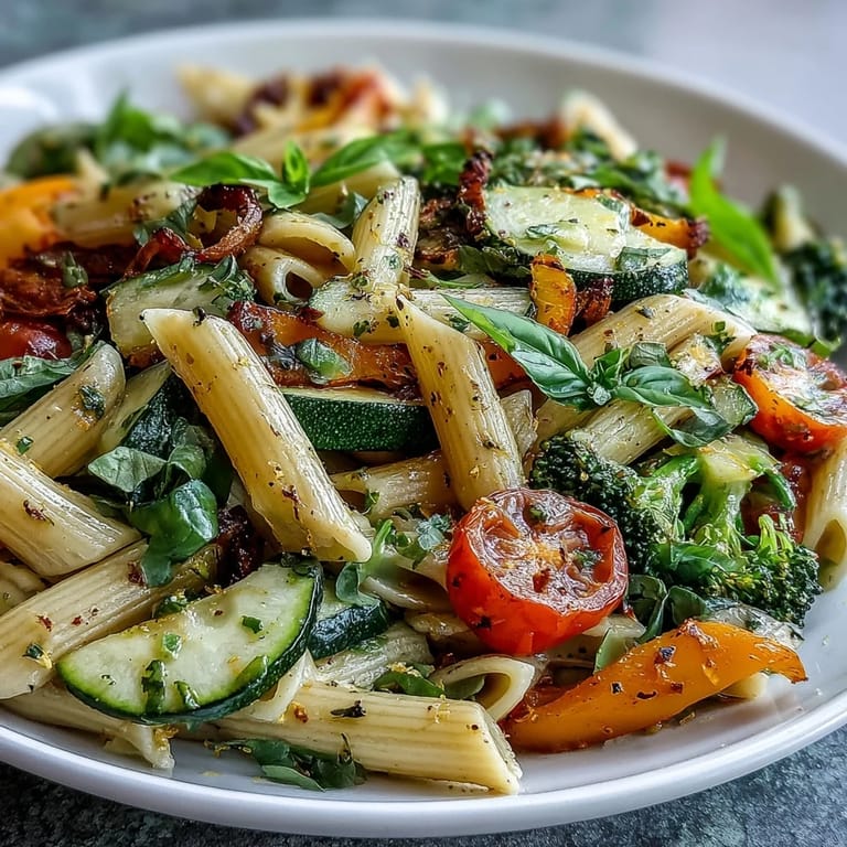 Bol de pâtes primavera végétaliennes, garnies de basilic frais et de zestes de citron pour une touche aromatique.  