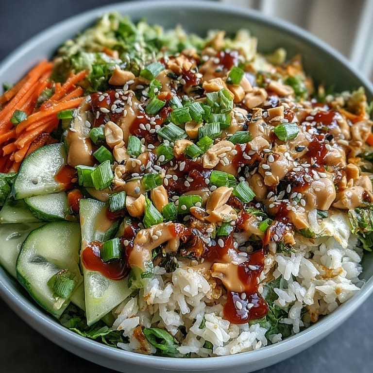 Salade de riz croustillant rapide avec sauce cacahuète-sésame, garnie de légumes croquants et de graines de sésame grillées.