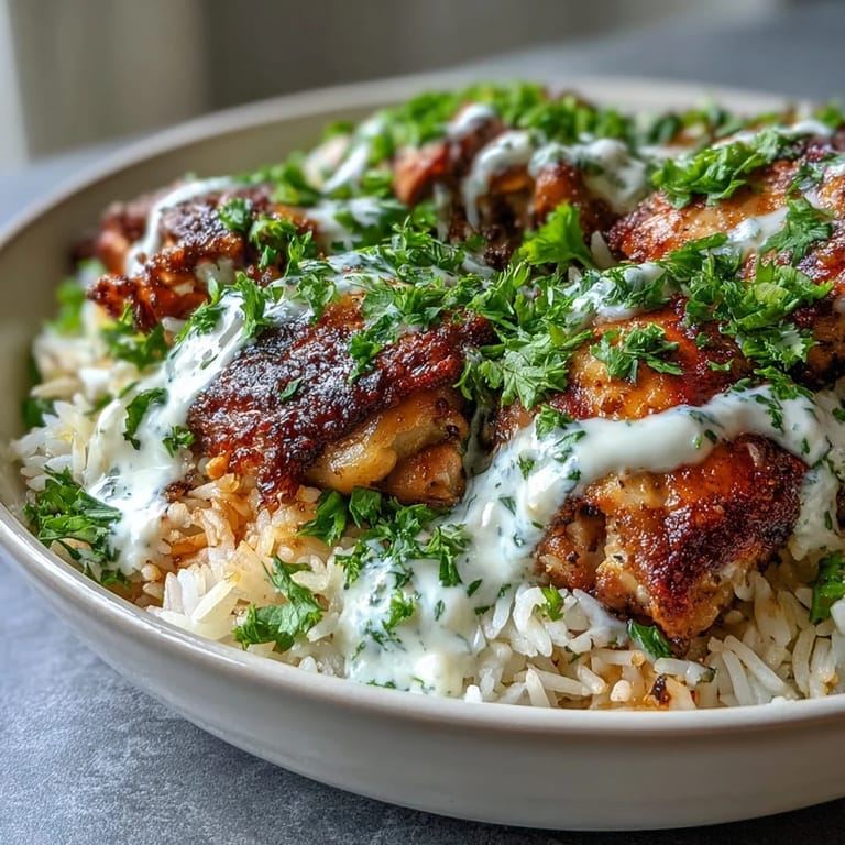Poulet shawarma juteux et riz parfumé cuit ensemble dans une seule casserole, servi avec une sauce crémeuse au citron.  