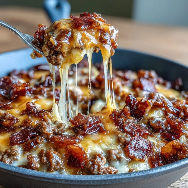 2. One-pan keto cheeseburger skillet loaded with ground beef, smoky bacon, and creamy cheddar, garnished with green onions and sesame seeds.  