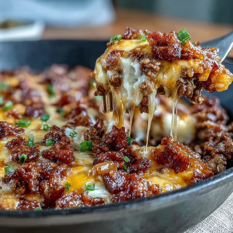 3. Low-carb bacon cheeseburger skillet simmering in sugar-free BBQ sauce, topped with gooey melted cheese and fresh dill pickles.