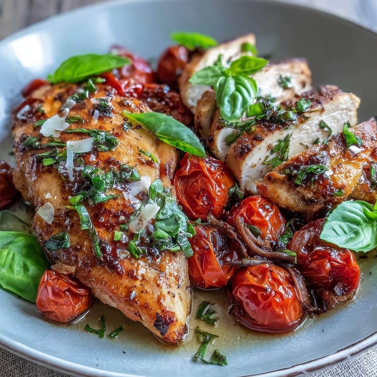 2. Tender chicken breasts cooked with cherry tomatoes, baby spinach, and balsamic glaze for a wholesome, one-pan meal bursting with flavor.  