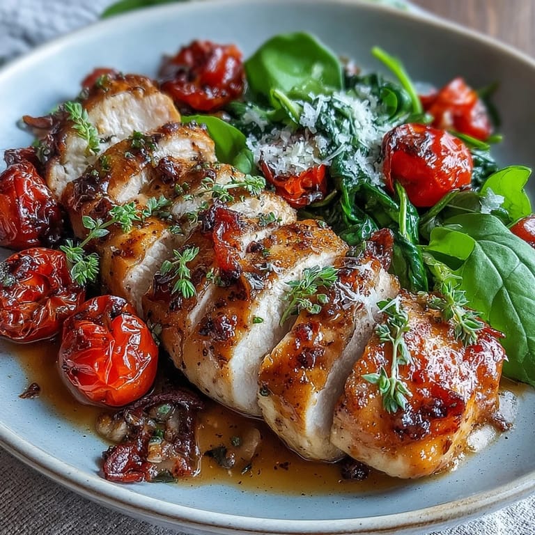 3. A wholesome, easy dinner featuring seared chicken, cherry tomatoes, and spinach in a rich balsamic sauce, perfect for busy weeknights.