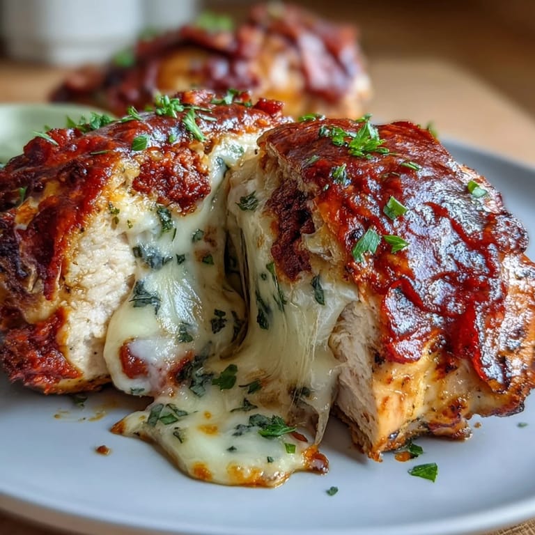 Délicieux poulet farci à la pizza faible en glucides, nappé de sauce marinara maison et de fromage Parmesan, prêt en 35 minutes.